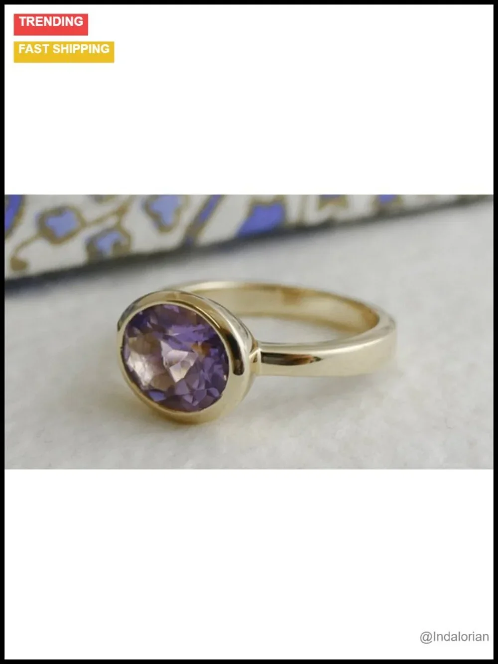 Amethyst Oval Ring 8x10mm 925 Sterling Silver 3 Micron Gold Plated Bezel Set